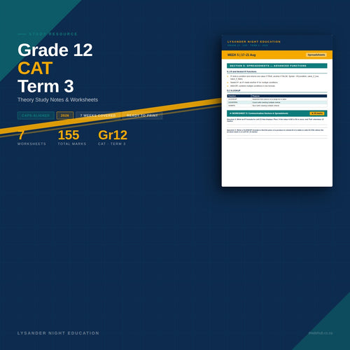 Lysander Night Education Grade 12 CAT Term 3 table of contents and worksheet preview booklet