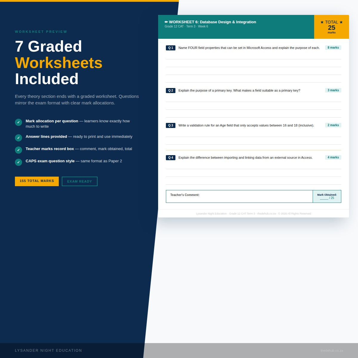 Lysander Night Education Grade 12 CAT Term 3 table of contents and worksheet preview booklet