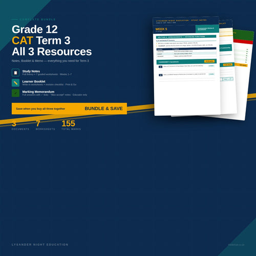 Lysander Night Education Grade 12 CAT Term 3 curriculum bundle showing study notes, learner workbook, and marking memo covers